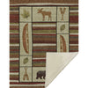 Rug with nature-themed design featuring animals and plants on a striped background