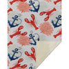 Nautical-themed fabric with red lobsters, blue anchors, and coral on a white background.