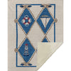 Nautical-themed rug with blue diamonds, life buoy, and lighthouse design on a beige background.