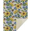 Floral and butterfly patterned rug with sunflowers and blue flowers on a striped background.