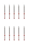 Set of eight medical syringes with red accents on a white background