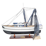 Wooden Shrimp Boat Model 25" - Black & White Finish with Nets and Crates - Handcrafted Fishing Vessel BY Old Modern Handicrafts