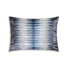 Decorative pillow with blue and white abstract pattern on a white background