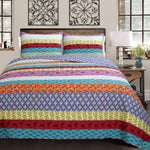 Vibrant Stripe Real Patchwork 3-Piece Cotton Reversible Quilt Bedding Set – Rainbow Floral Style by Cozy Line Home Fashions