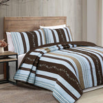 Mary Ann Stripe Patchwork 3-Piece Cotton Reversible Quilt Set – Blue Beige Traditional Design by Cozy Line Home Fashions