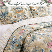 Cotton Reversible Quilt Set with Shams Floral Print