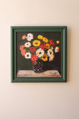 Vase with red, white, and yellow flowers painting