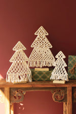 Kalalou Set of Three Macrame Christmas Trees on Wood Bases – Rustic Holiday Decor