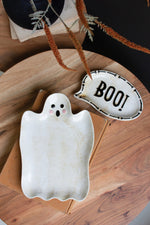 "BOO" Ghost Ceramic Serving Platters – 1" Tall Festive Trays Set of 2 by Kalalou