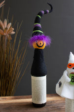 Felt Halloween Jack-O-Lantern Bottle Topper with Witch Hat 15" H – Festive Bottle Decoration by Kalalou