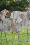 Set of three corrugated metal Christmas sheep in yard