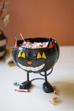 Halloween Black Cat Candy Bowl – 12"Tall Painted Metal Dish by Kalalou