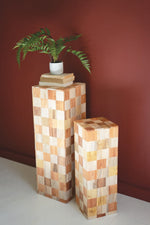 Assorted Wood Block Pedestals – Checkerboard Light Wood Display Stands, 35" & 26.5" Tall, Set of Two by Kalalou