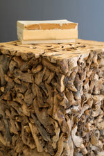 Reclaimed wood pedestal stand with unique grain