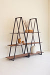 Large wood and metal shelving unit three-tier