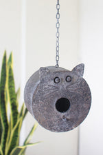 Hanging Painted Metal 11″ H,Cat Face Birdhouse, Grey Textured Finish for Yard or Garden Decor by Kalalou