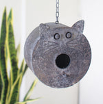 Set of 2 Grey Textured Metal Cat Face Birdhouses – Hanging 11″ H, Patio & Garden Décor by Kalalou