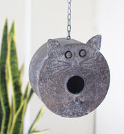 Hanging Grey Metal Cat Face Birdhouse – 11″ H for Patio, Garden & Yard Décor by Kalalou
