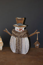 Painted Wood Snowman with Faux Fur Scarf 17.5"H, Multi-Color Distressed Christmas Decor By Kalalou