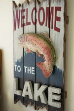 Wall Sign, Welcome to the Lake Sign with Trout 12"H - Multi-Color Distressed Wood Wall Decor (Set of 2) By Kalalou