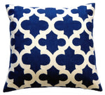Square Cushion Blue and White Crewel Cotton TAJ Pattern Indoor Accent Pillow 20" W x 20" H By Auskin