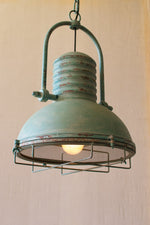 Antique Turquoise Pendant Light with Glass and Wire Cage – 46"Tall by Kalalou