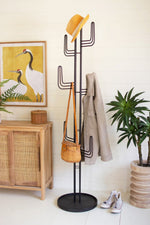 Black Iron Cactus Coat Tower – 72"H Matte Metal Six-Arm Standing Coat & Purse Rack, Boho Style by Kalalou