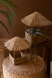 Set of Two Seagrass and Iron Bird Houses, Coastal Farmhouse Décor by Kalalou