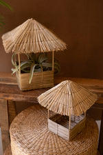 Seagrass and Iron Bird Houses, 16"H Handwoven Decorative Accents, Natural Brown Finish, Set of Two by Kalalou