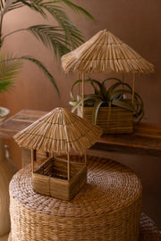 Handmade Seagrass Bird Houses, Rustic Iron-Framed Decorative Set