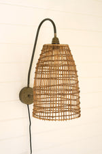 Wall Sconce Lamp 23"H, Brown Textured Wicker & Metal Transitional Wall Mount Lighting By Kalalou