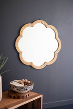 Wall Mirror, Woven Cane Wrapped Flower Shaped Framed Mirror 20"H, Tan Cane Glass & MDF Frame By Kalalou