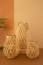 Kalalou Natural Woven Willow Lanterns Set of 3 Glass Insert Coastal 20"H