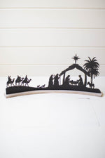 Black Metal Nativity Scene on Curved White Wood Base – 10" Tall by Kalalou