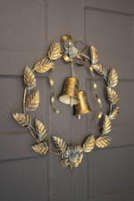 Kalalou Festive Brass Door Wreath – Christmas Leaves & Bells Decoration