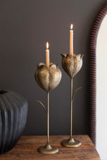 Set of 2 Antique Brass Tulip Taper Candle Holders 20.5" H Decorative Accent by Kalalou
