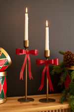 Kalalou Metal Christmas Bow Taper Candle Holders Set of 2 Red Gold 14"H