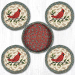 Earth Rugs Holly Cardinal Braided Jute Coasters in Basket – Set of 4, Holiday Nature Accent 5" × 5" × 1.25"