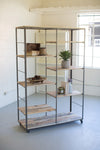 Industrial adjustable shelving unit with recycled wood shelves