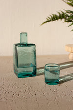 Square Bedside Carafe 8.5"H, Green Hand-Blown Natural Glass with Cup-Lid, Set of 2 By Kalalou