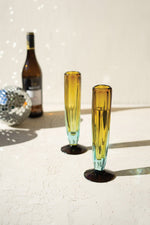 Recycled Fluted Champagne Glass 9.5"H – Blue & Amber Ombre Handblown Glassware (Set of 6) By Kalalou