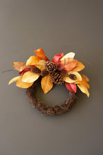 Wreath 5"H, Fall Faux Dried Magnolia Leaves and Pine Cones , Multi-Color Autumn Decor (Pack of 2) By Kalalou