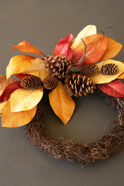 Kalalou Autumn Wreath with Multi-Color Leaves and Pine Cones