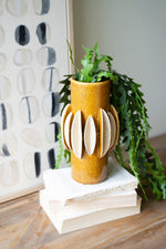 Vase 10.5"H, Feathered Ceramic Vessel - Mustard, Speckled Finish Decorative Accent By Kalalou