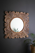Wall Mirror 31.5"H - Carved Fleur de Lis, White-Washed Wood Frame Transitional Design by Kalalou
