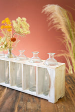Farmhouse Bud Vases – Glass Bottles in Distressed Wood Crate
