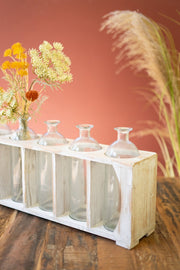 Farmhouse Bud Vases – Glass Bottles in Distressed Wood Crate
