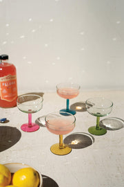 Handblown Coupe Glass Set with Multicolor Stems