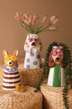 Ceramic Dog Vases 10"H – Glazed Multi-Color Fun Animal Decor Set of 3 By Kalalou