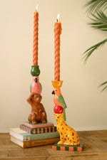 Ceramic Cheetah & Monkey Taper Candle Holders 10.5" Multi-Color Glazed Candleholder Set of 2 By Kalalou